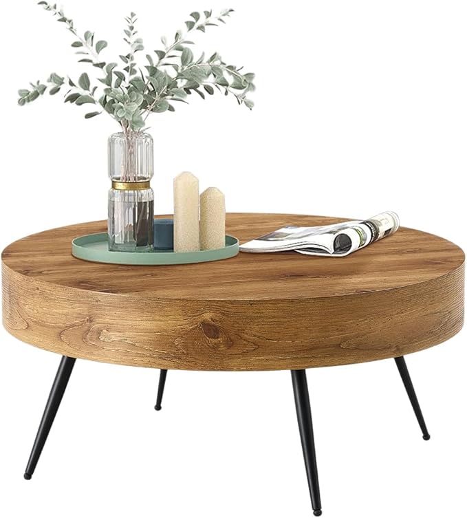 31.5'' Round Coffee Table for Living Room, Wood Texture Table Top, Black Metal Table Legs Tea Table for Dining Room Apartment Small Space (Brown)