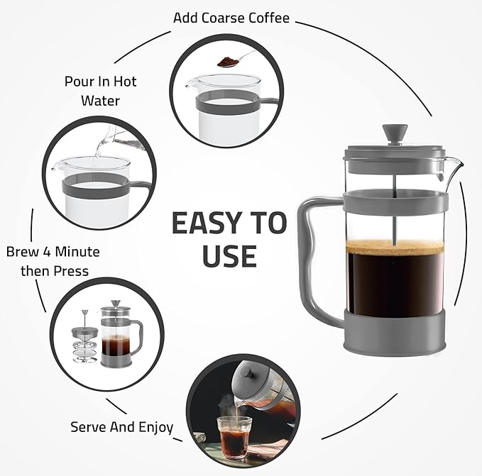 Utopia Kitchen French Press Espresso and Tea Maker with Triple Filters, Stainless Steel Plunger and Heat Resistant Borosilicate Glass (Grey, 34-oz (Pack of 1))