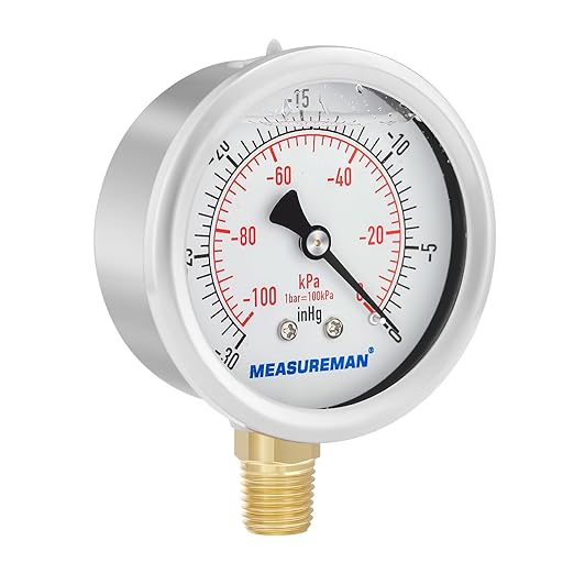 MEASUREMAN 2-1/2" dial,Glycerin Filled, Stainless Steel case, Brass Inside, 30inHg/-100kpa-0,1/4" NPT Lower Mount