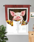 Tie Up Curtains for Windows, Pigs Sunflowers Adjustable Balloon Nature Linen Textured Kitchen Curtain, Farmhouse Red Barn Flowers Animals Tie Up Blackout Curtains for Bedroom, 52 x 63 Inches