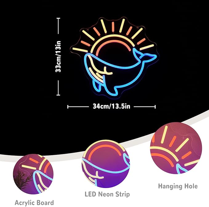 Whale Neon Sign for Wall Decor Ocean Neon Light Sunrise Sunset LED Neon Sign Colorful Led Neon Light for Bedroom Living Room Shop Decoration