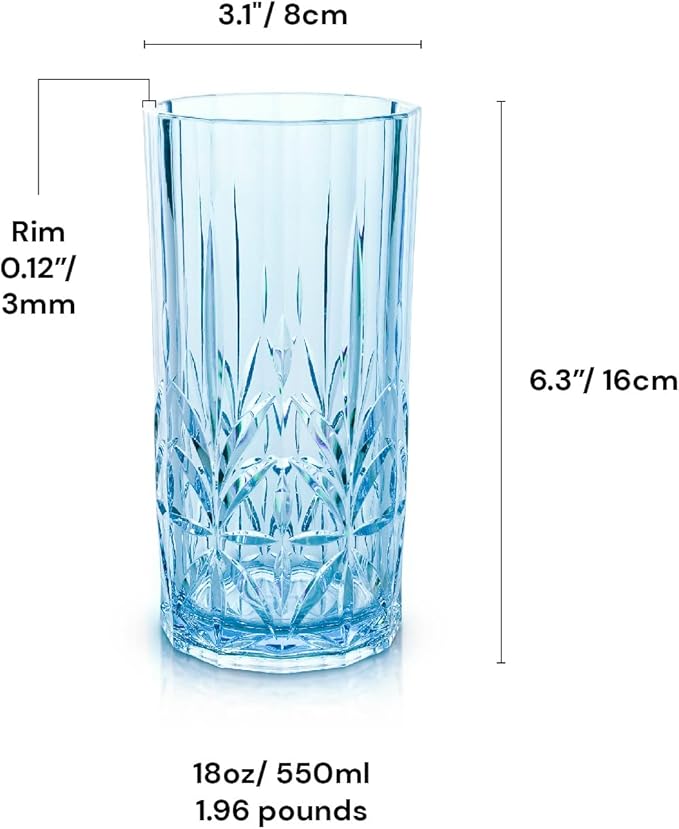 BELLAFORTE Shatterproof Tritan Tall Tumbler, Set of 4, 18oz - Myrtle Beach Drinking Glasses - Unbreakable Plastic Drinking Glasses for Gifting, Parties, New Year - BPA Free - Dishwasher Safe - Blue