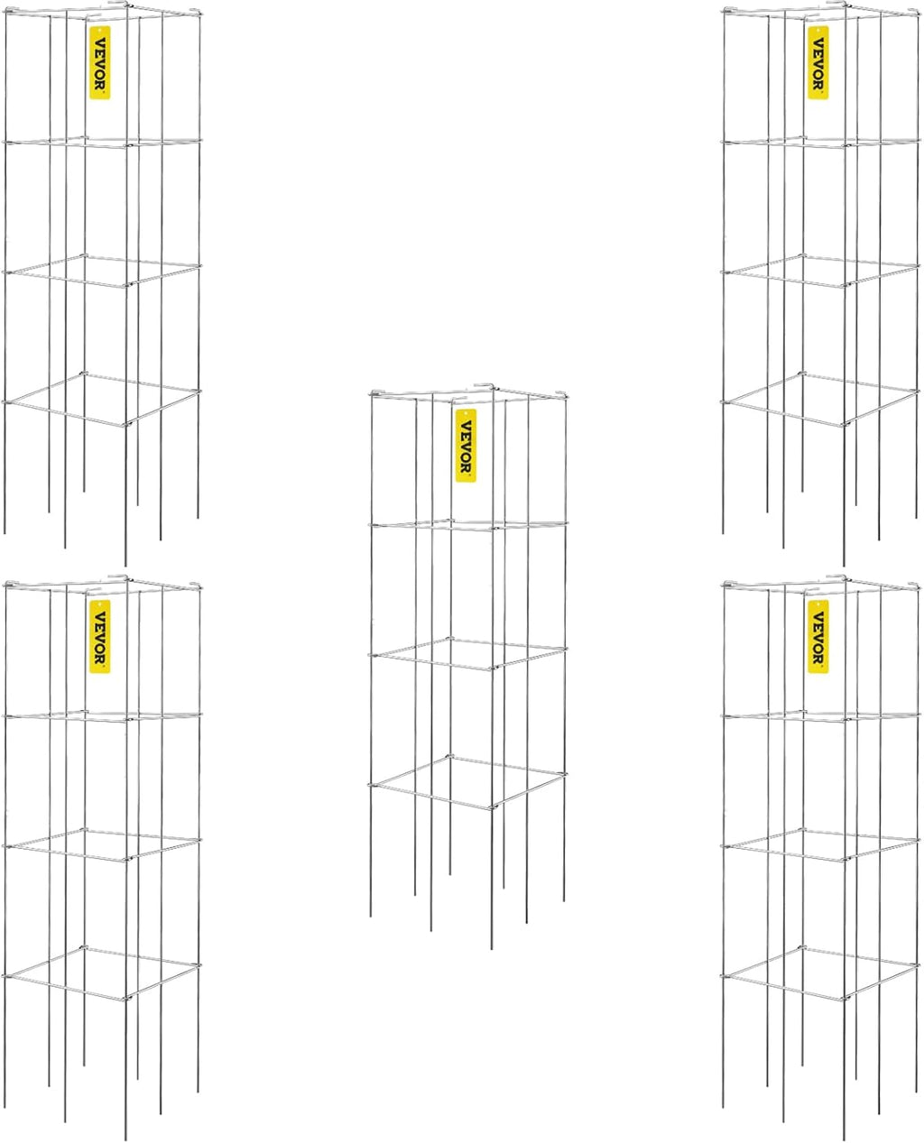 VEVOR Tomato Cages, 11.8" x 11.8" x 46.1", 5 Packs Square Plant Support Cages, Silver PVC-Coated Steel Tomato Towers for Climbing Vegetables, Plants, Flowers, Fruits
