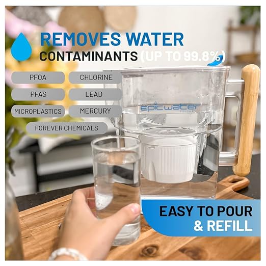 Epic Water Filters Pure Filter Pitchers for Drinking Water, 10 Cup 150 Gallon Filter, Tritan BPA Free, Removes Fluoride, Chlorine, Lead, Forever Chemicals (White & Bamboo)