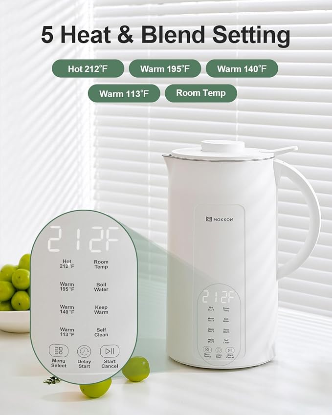MOKKOM Nut Milk Maker, 42oz Automatic Almond Milk Machine for Homemade Plant-Based Milk, Oats, Soy, Dairy Free Beverages, Soy Milk Maker with Delay Start/Keep Warm/Self-Cleaning/Boiling, White