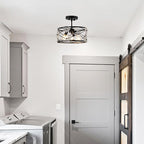 12.6" Semi Flush Mount Ceiling Light 3-Lights Drum Black Ceiling Lighting Vintage Industrial Modern Crystal Flower Light Fixture for Bedroom, Entryway, Kitchen, Dining Room, E12