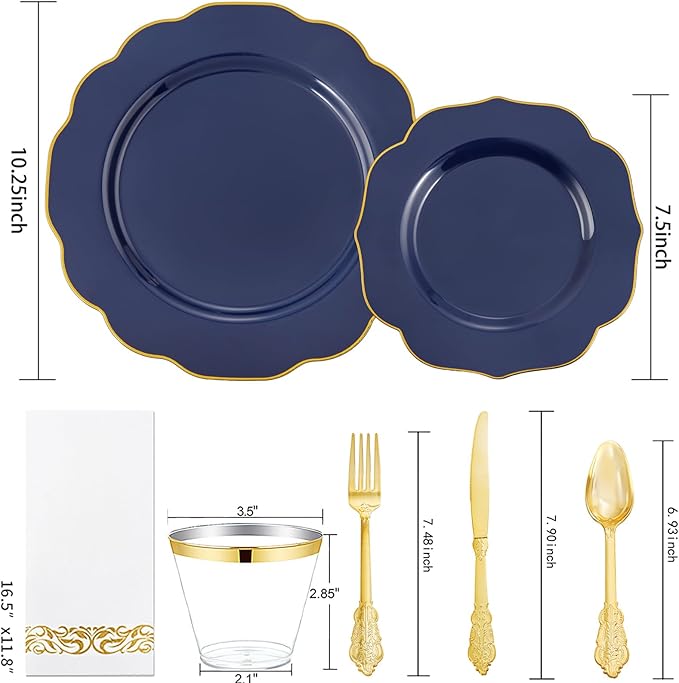 NOCCUR 175PCS Blue Plastic Plates with Disposable Silverware - Include 50 Blue Disposable Plates with Gold Rim,75 Gold Cutlery,25 Cups,25Napkins for Party/Hanukkah/Thanksgiving