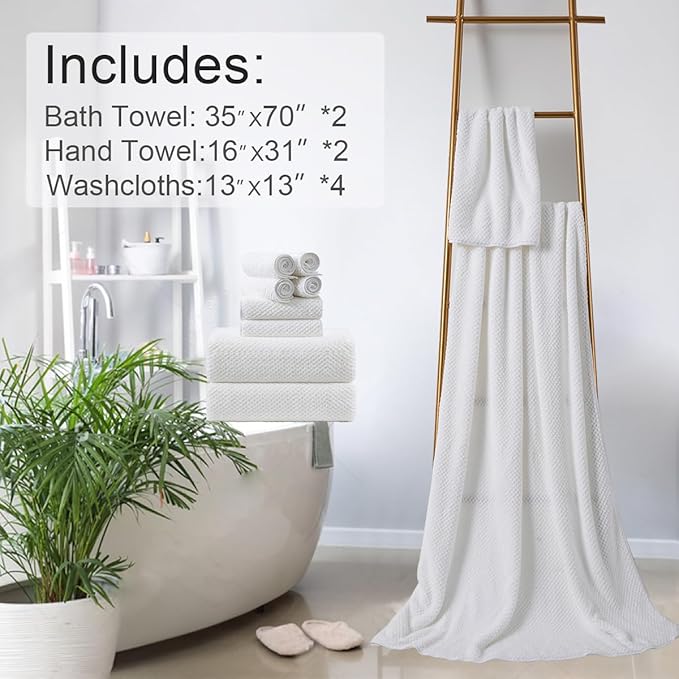 8-Piece White Bath Towels Set,2 Oversized Large Bath Towels Sheet,2 Hand Towels and 4 Washcloths - 600 GSM Soft Luxury Towel Set,Highly Absorbent Quick Dry Towel Collection for Bathroom,Hotel and Spa