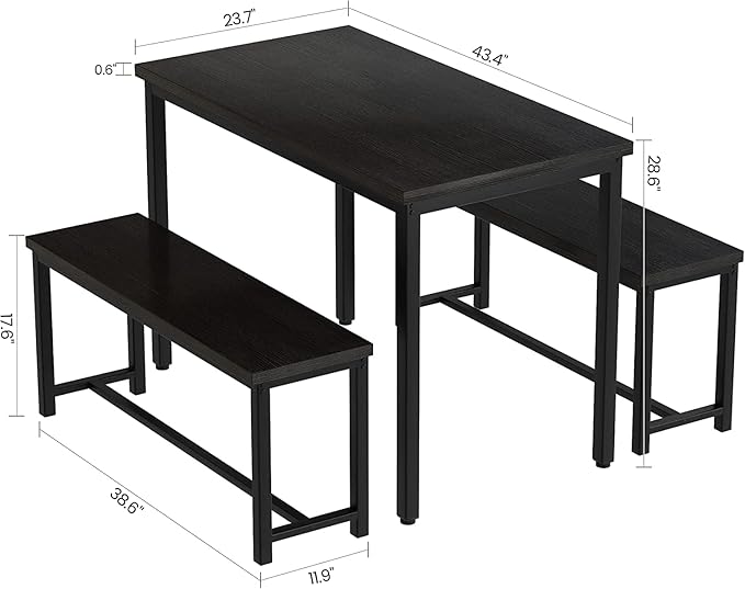 Dining Room Table Set with 2 Benches, Farmhouse Dining Table Set for 4-6, Wood Breakfast Table Set Dinner Table Set Kitchen Table and Chairs for Breakfast Nook Small Spaces, Black