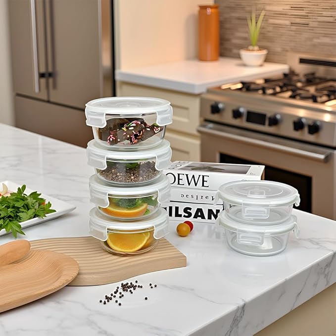 4Pack Round Glass Food Storage Containers With Lids, 1.5 Cup Round Meal Prep Bowls With Lids BPA-Free, Small Glass Food Containers for Soup Leftover, Microwave, Dishwasher, Freezer Safe