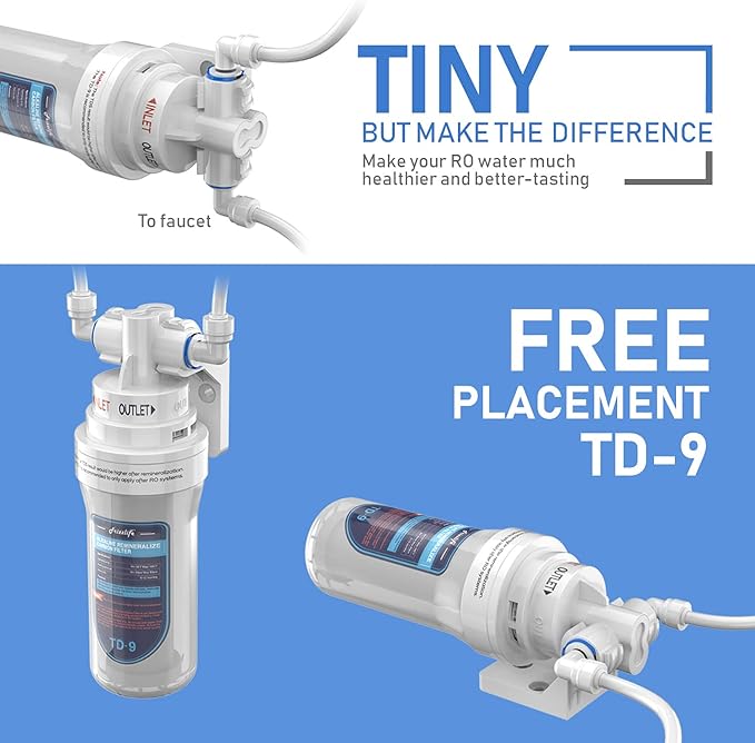 Frizzlife TD-9 Alkaline Remineralization Under Sink Inline Water Filter - Quick Twist Post Filter for RO Reverse Osmosis System, Reduce Chlorine, Adjust Taste & PH, Restore Essential Minerals