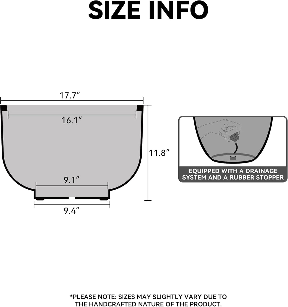 Kante 17.7 Inch Dia Concrete Bowl Planter, Large Tapered Bottom Plant Pot with Drainage, Smooth Black Finish with Warm Brown Interior, Ideal for Porch, Home, Garden, Patio