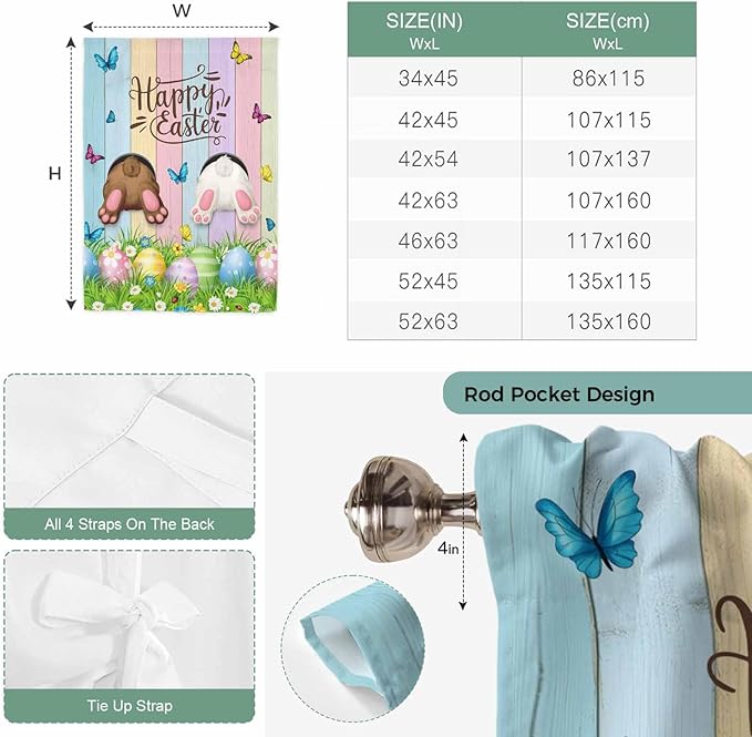 Tie Up Curtains,Happy Easter Rabbit Butt Egg on Daisy Leaf Adjustable Rod Pocket Window Shade Curtain Drape Bufferfly on Wood Barn Tie-Up Valance for Kitchen Bedroom Living Room Windows,34"x45"