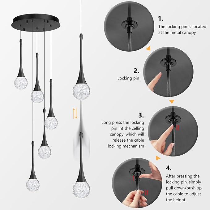 cenzoz 5-Lights Modern Pendant Lights for Kitchen Island LED Dimmable Chandelier Crystal Glam Ceiling Pendant Lighting for Dining Room Hallway Bedroom Lamp Black