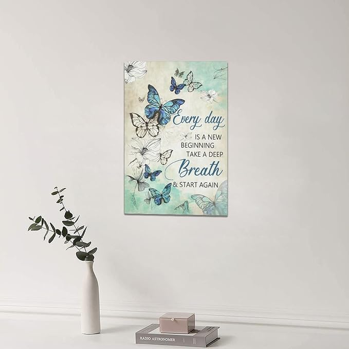 Teal Butterfly Wall Art Floral Decor Farmhouse Pictures Inspirational Quotes Canvas Prints Artwork Modern Home Decorations for Bathroom Girls Bedroom Living Room