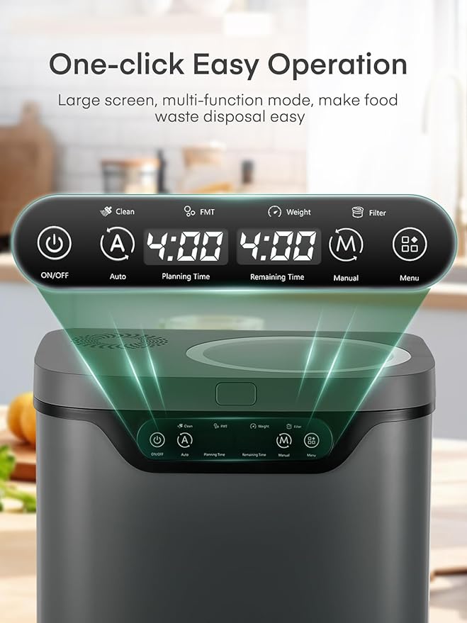 Electric Composter for Kitchen 4L, Countertop Compost Bin Indoor with Visible Window, LED Display, Auto-Clean, Carbon Filter, Odorless, Low Noise, Turns Waste into Natural Fertilizer