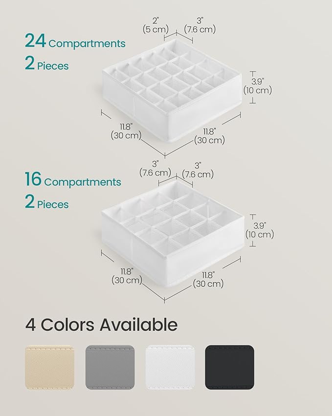 SONGMICS Set of 4 Underwear Organizers, Drawer Organizers, Dresser Closet Storage, 80 Cells (2x16+2x24), Foldable Dividers, 11.8 x 11.8 x 3.9 Inches, for Socks, Ties, Belts, Cloud White URUS011W01