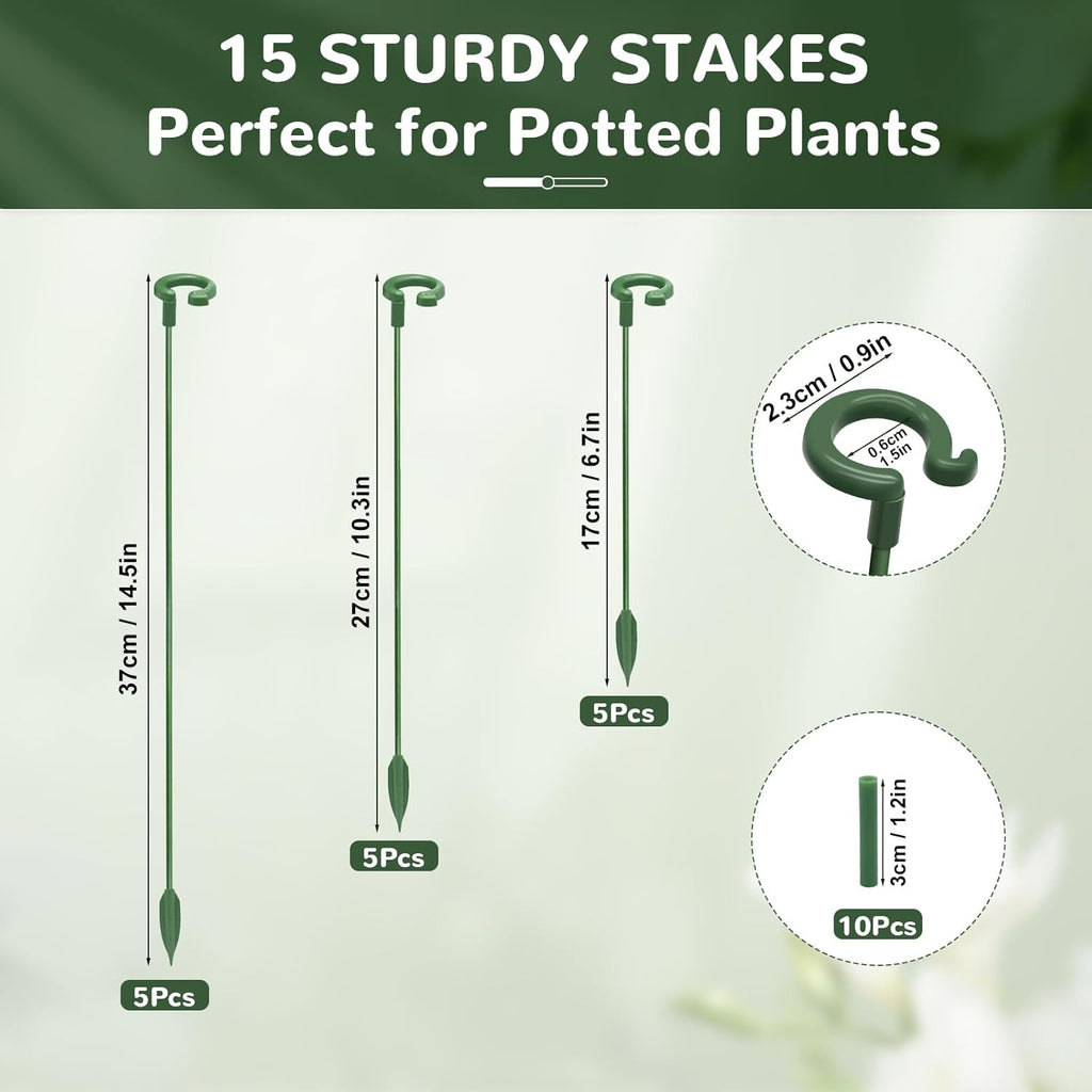 Adjustable Plant Support Stakes with, 15 Pack Green Garden Stakes for Indoor Outdoor Potted Plants, Orchids, Tomatoes, Roses, Single Stem Support Stakes