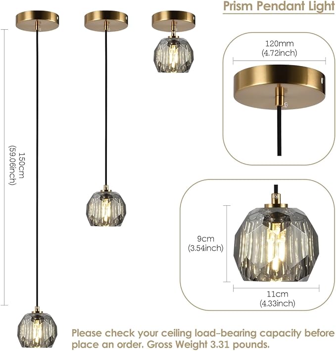 Crystal Pendant Light, Smoke Crystal Pendant Light Fixture Kitchen Island, Small Prism Pendant Hanging Lighting Fixture for Dining Room Bedroom