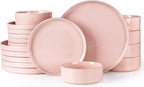 GBHOME Dinnerware Set for 6, 18 Piece Speckled Plates and Bowls Set with Glazed Bottom, Chip & Scratch Resistant Stoneware Plates Sets, Dishwasher & Microwave Safe Dishes (Pink, Service for 6)