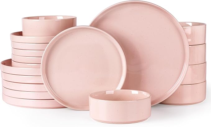 GBHOME Dinnerware Set for 6, 18 Piece Speckled Plates and Bowls Set with Glazed Bottom, Chip & Scratch Resistant Stoneware Plates Sets, Dishwasher & Microwave Safe Dishes (Pink, Service for 6)