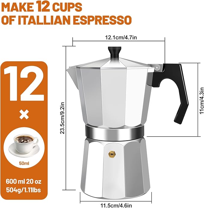 12 Cup Aluminum Espresso Stovetop Moka Pot Express Coffee Maker Percolator Italian Classic Mocha Coffee Machine for Italian and Cuban Cafe Brewing for Home & Camping 600ml 20oz