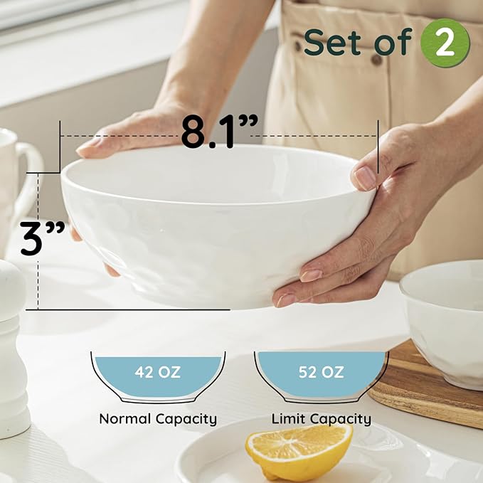 8 Inch Pasta and Salad Bowls, Serving and Soup Bowl Set, Microwave Safe Ceramic Plates, Set of 2, White
