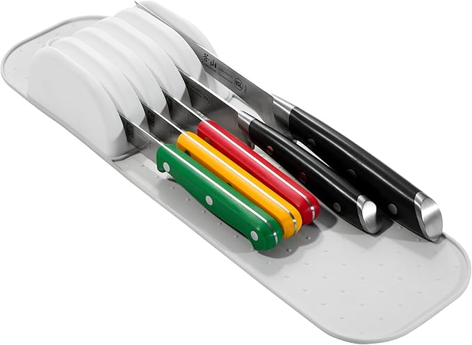 Madesmart Classic 5-Slot Small Knife Holder Storage Mat for Drawers, Soft-Grip Kitchen Knife Block, White/Gray