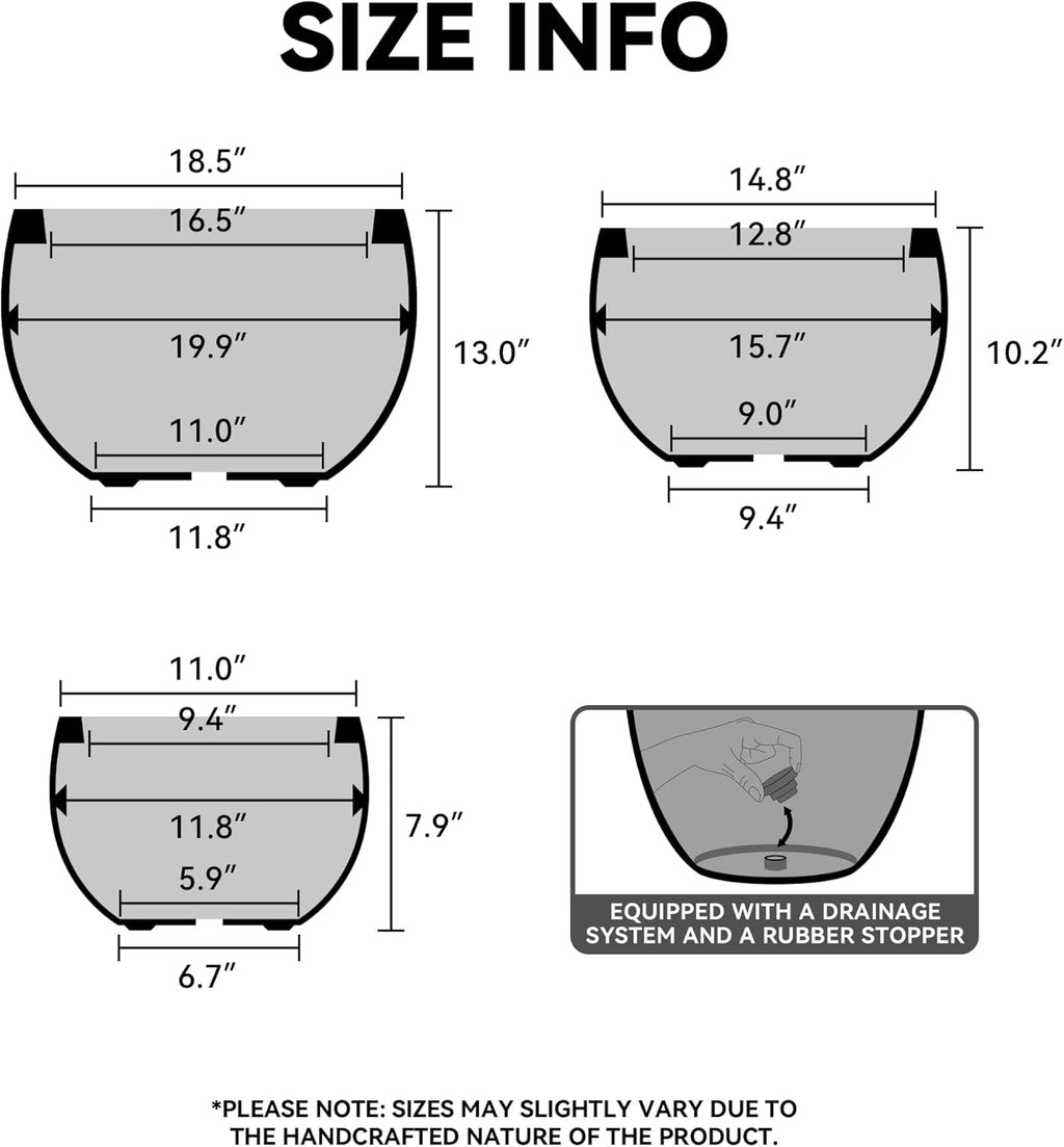 Kante 19.9",15.7",11.8" Dia Round Concrete Planter Set of 3, Outdoor/Indoor Large Bowl Plant Pots with Drainage Hole and Rubber Plug for Garden Patio Balcony Home, Light Gray