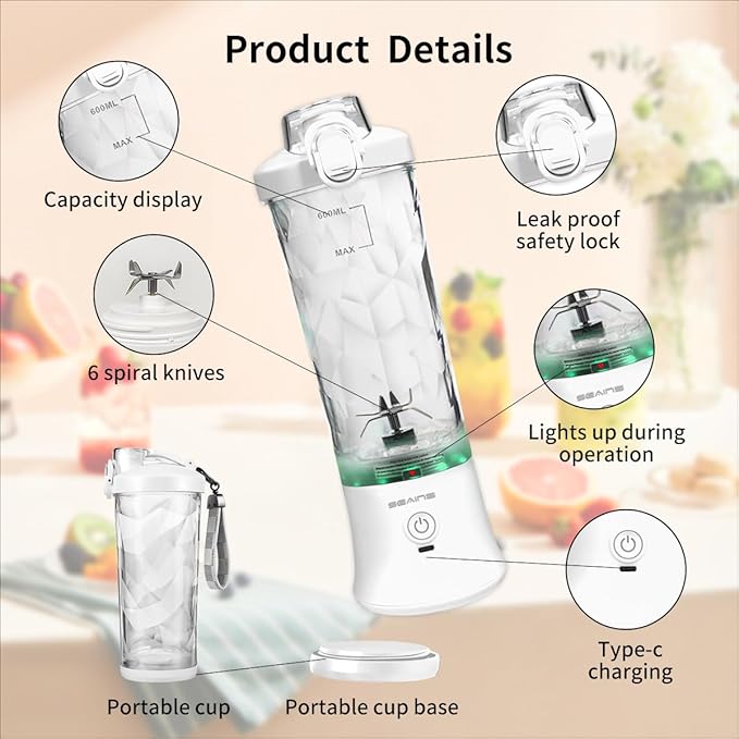 Portable Blender with 20 Oz Travel Cup, 6 Blades, USB Rechargeable for Shakes, Smoothies, Gym, Kitchen and Outdoors (White)