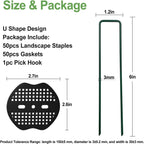 FOTMISHU Landscape Staples 6Inch 50pcs Garden Stakes + 50pcs Gasket, Lawn Pins with Spray Coating Craft, 11Gauge Anti-Rust Ground Yard Spikes Anchoring for Outdoor Tents Irrigation Hoses (Green)