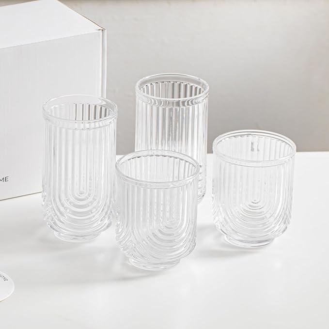 INSETLAN Water Drinking Glasses Set of 8-4 Highball Glasses 14 oz, 4 Rocks Glass Cups 12 oz, Arch Design Cocktail Glasses, Vintage Glassware, With Glass Straw, for Beverages Ice Coffee Juice Water