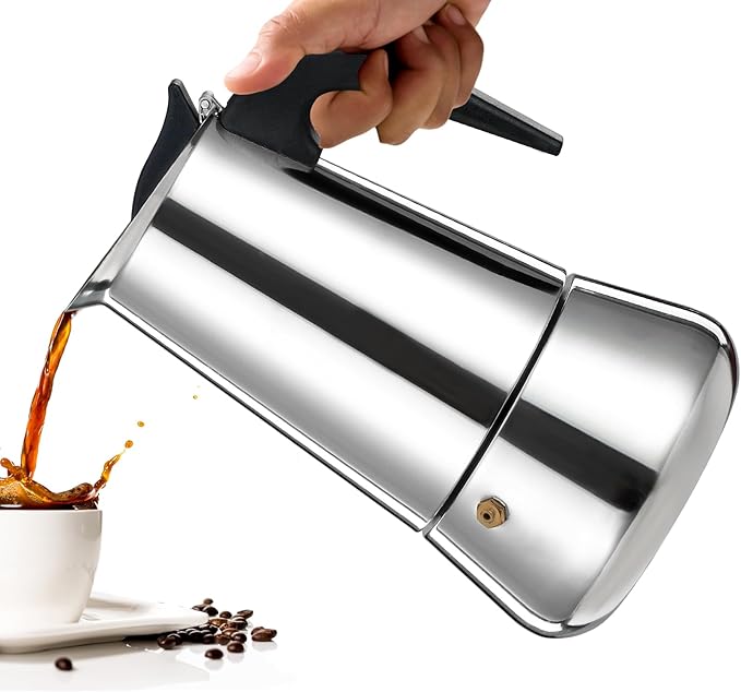6 Cup Moka Pot Percolator Italian Coffee Maker 300ml Stovetop Espresso Mocha Stainless Steel Greca Coffee Maker Classic Cafe Makers Suitable for Induction Cookers Ceramic Stoves Tummy
