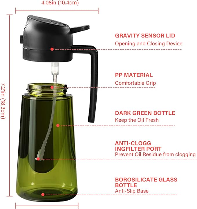 Oil Sprayer for Cooking, Kitchen Goddess 2 in 1 Spray and Pour Olive Oil Dispenser 16oz 450ml Glass Oil Spray Bottle, Mist Olive Oil Dispensing, Air Fryer, Dark Green (black)