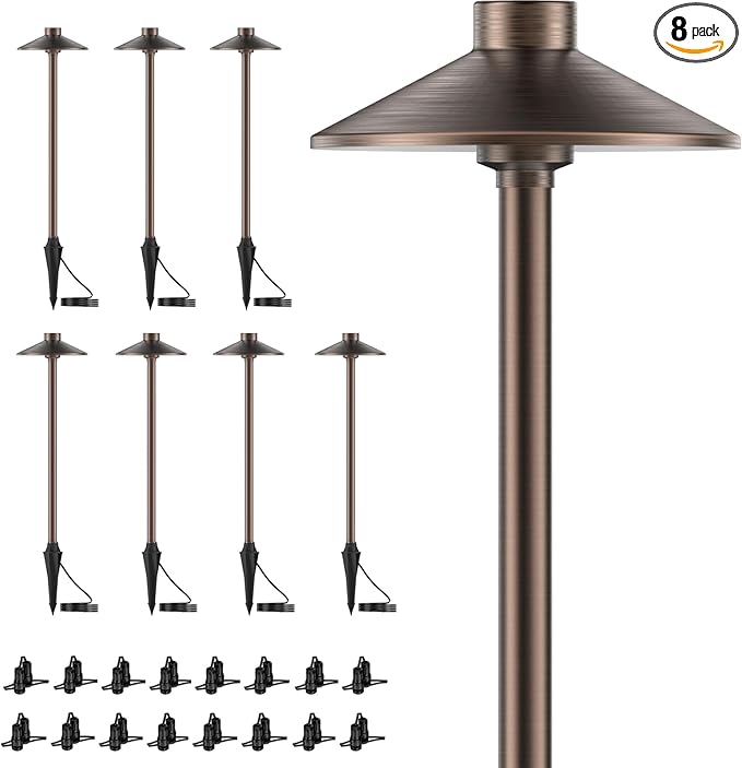 ZONEGRACE 8 Pack Solid Brass Low Voltage Pathway Lights,Outdoor Wired LED Landscape Path Lights,AC/DC 12V Bronze Pathway Lighting for Walkway Garden Yard,UL Listed Cord,Without Replacement Bulbs
