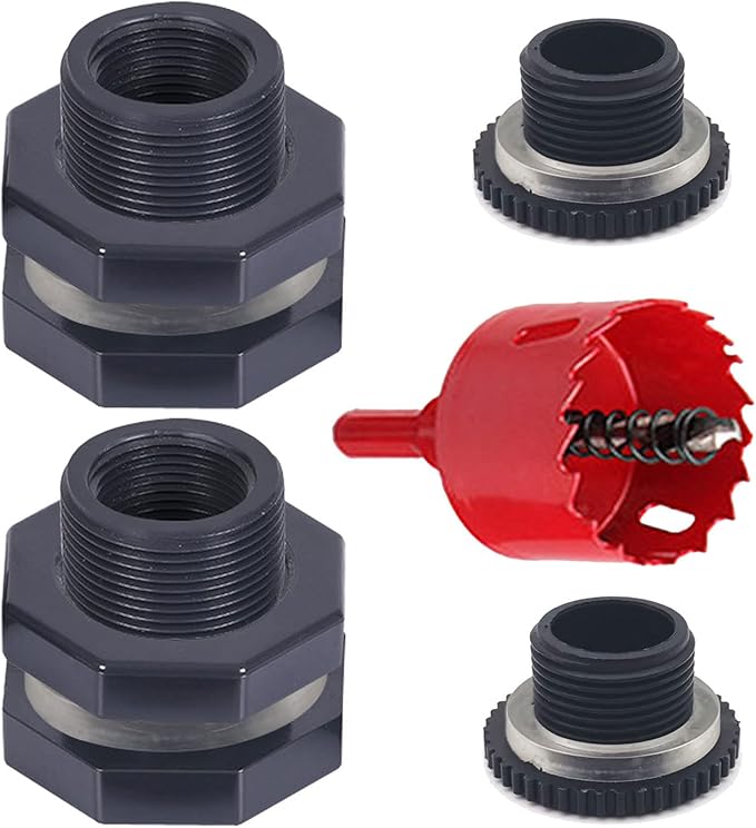 2 PCS Rain Barrel Bulkhead Fitting kit with Plugs and Hole Saw Tool, 3/4 Inch PVC Spigot Connector Kit for Rain Barrels Water Tanks Pools Aquariums Tubs (Bulkhead 3/4 Inch)