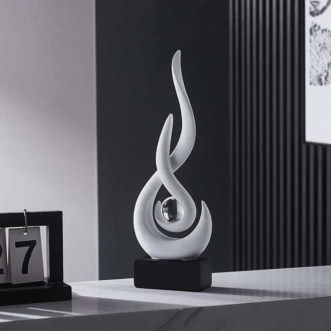 AWNR Modern White Sculpture Decor: Flame Statue with Glass Ball Resin Abstract Art Figurines Unique Centerpiece for Living Room TV Stand Coffee Table Office Decor