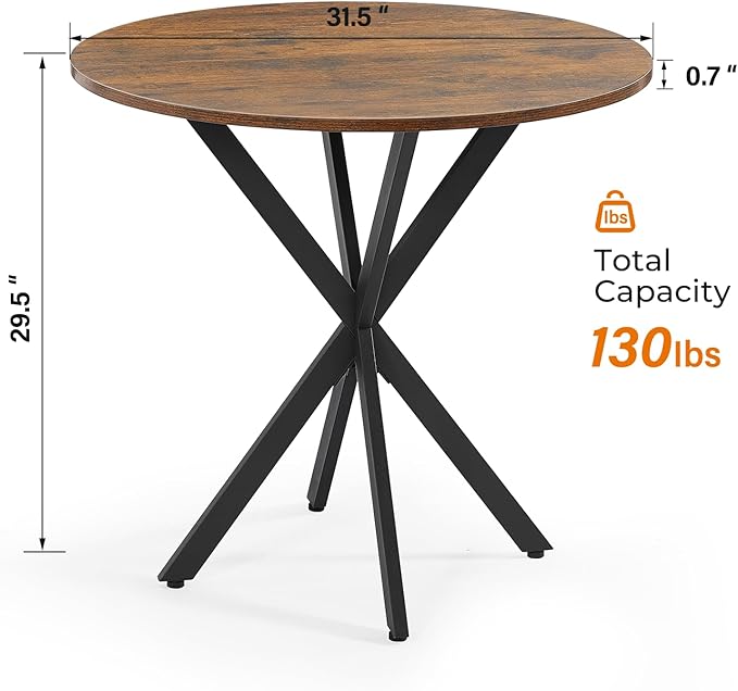 Unovivy 31.5" Small Round Dining Table for 2-4, Space Saving Circle Kitchen Dinner Table, Industrial Mid Century Modern Dining Room Desk for Kitchen, Apartment, Rustic Brown