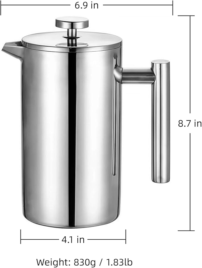 Travel French Press, 34oz Stainless Steel Coffee Press for Camping, Double Wall Insulated & No Drip Spout plastic free coffee maker