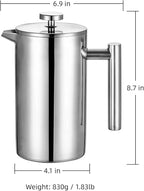 Travel French Press, 34oz Stainless Steel Coffee Press for Camping, Double Wall Insulated & No Drip Spout plastic free coffee maker