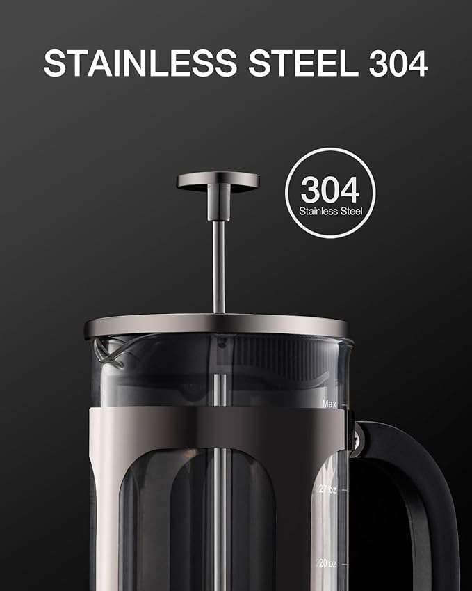 BAYKA French Press Coffee Maker 34 Ounce 1 Liter, Borosilicate Glass Stainless Steel Brewer, Large Portable Cold Brew Cafetera Teapot for Kitchen Travel Camping Coffee Bar Accessories, Dark Pewter