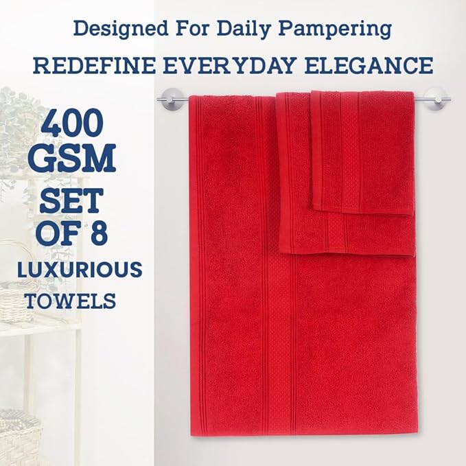 Casa Lino Bath Towel Set of 8 (2 Bath Towels, 4 Wash Cloths & 2 Hand Towels for Bathroom) - 100% Cotton - Highly Absorbent & Quick Dry - Guest Room Essentials for Bathroom Set - (Red)