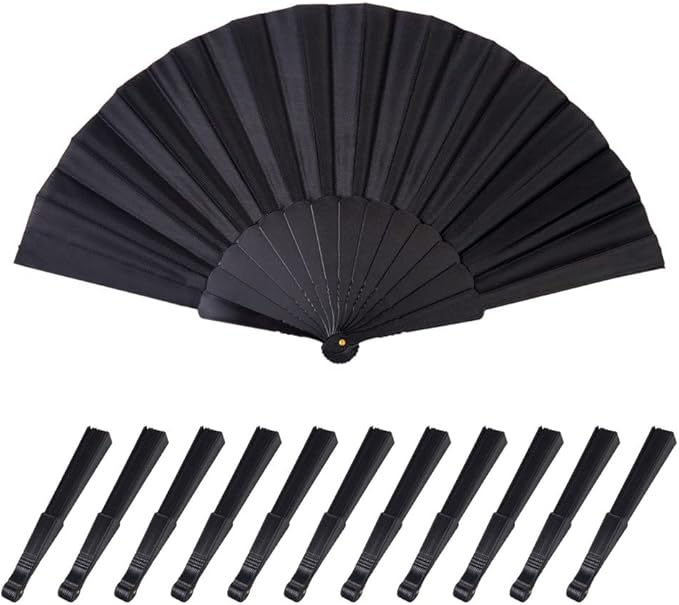 HUNANBANG 1 Dozen 12 Pieces Folding Hand Fans Church Wedding Gift, Party Favors, DIY Decoration Gift Size9 Wholesale 12pack (Black)