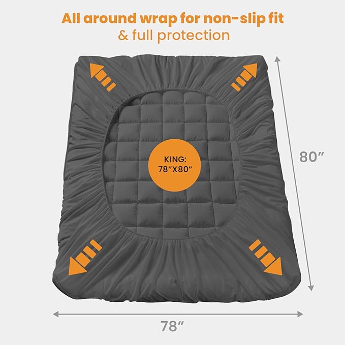 MATBEBY King Size Mattress Pad - Cooling Breathable Mattress Topper, Quilted Fitted Mattress Protector, Pillow Top Mattress Cover with 8-21" Deep Pocket, Machine Washable, Dark Grey, 78x80 Inches