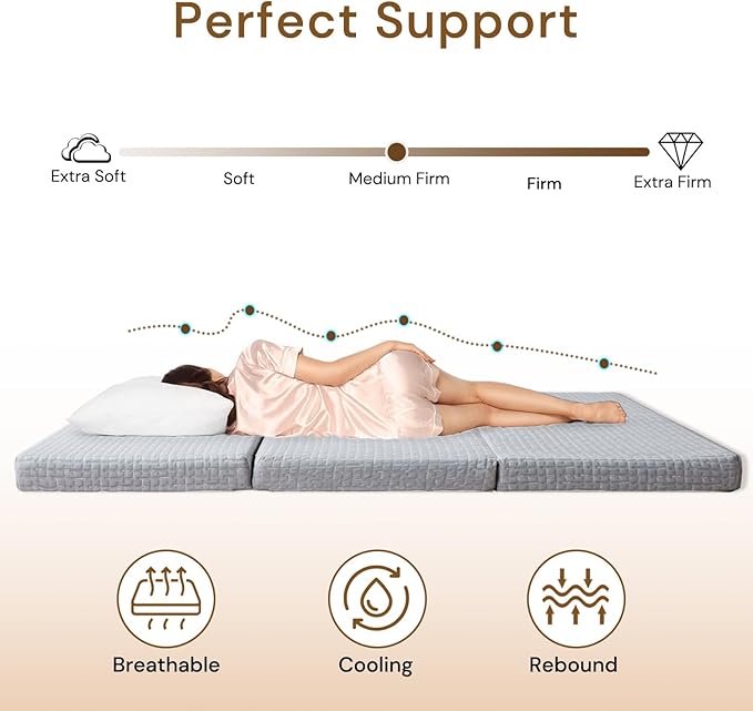 Foldable Mattress, 4 Inch Memory Foam Guest Floor Mat, Tri Folding Portable Mattress for Toddlers and Adults, Washable Cover, Non-Slip Design, Queen Grey (Size: 60" L x 80" W x 4" Th)