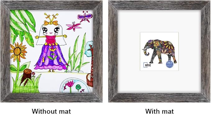 RPJC 8x8 inch Soild Wood Picture Frame with High Definition Glass Display Pictures 4x4 with Mat or 8x8 Without Mat for Wall Mounting Hanging Photo Frame Driftwood Finish