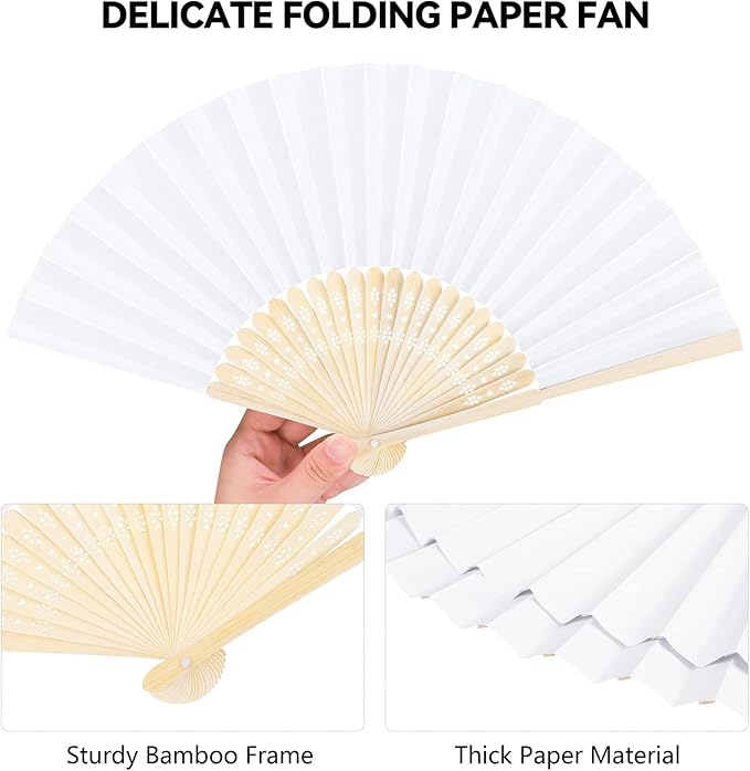 Aneco 24 Pieces Handheld Paper Fans Paper Folding Fans with Bamboos for Wedding Gift, Party, Home, DIY, White…