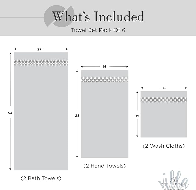 100% Combed Cotton Bathroom Towel Set of 6- 2 Bath Towels, 2 Hand Towels, 2 Wash Cloths, Sustainable, Soft, Highly Absorbent 6 Piece Cotton Bath Towel Set Ideal for Hotels, Spa, Bathroom, Dorm, Silver