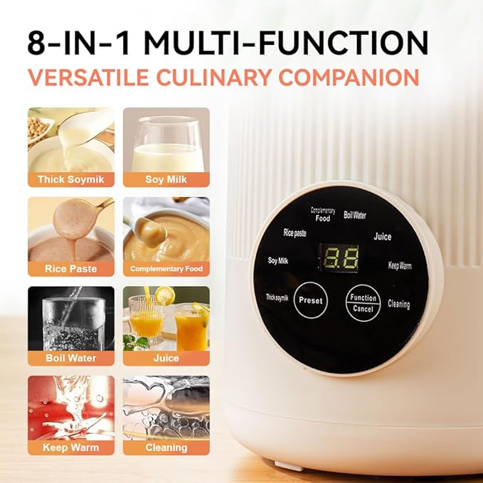 8-in1 Multifunction 40oz Nut Milk Maker Blender for Homemade Soy, Almond, Oat, Coconut, Plant Based Milks and Non-Dairy Beverages. Delayed Start, Automatic Cleaning, Boils Water, Keeps Drinks Warm.