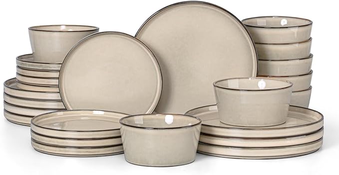 Herogo Stoneware Plates and Bowls Sets for 8, 24 Pieces Modern Dinnerware, Reactive Glaze Dishes Set for Kitchen, Chip Resistant, Microwave & Dishwasher Safe, Cream Khaki